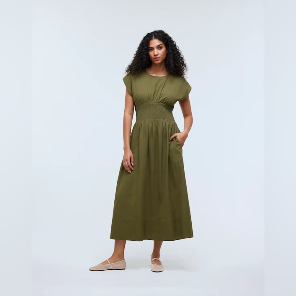 Madewell Smocked-Waist Midi Dress in Stripe Seersucker Desert Olive Green NWT